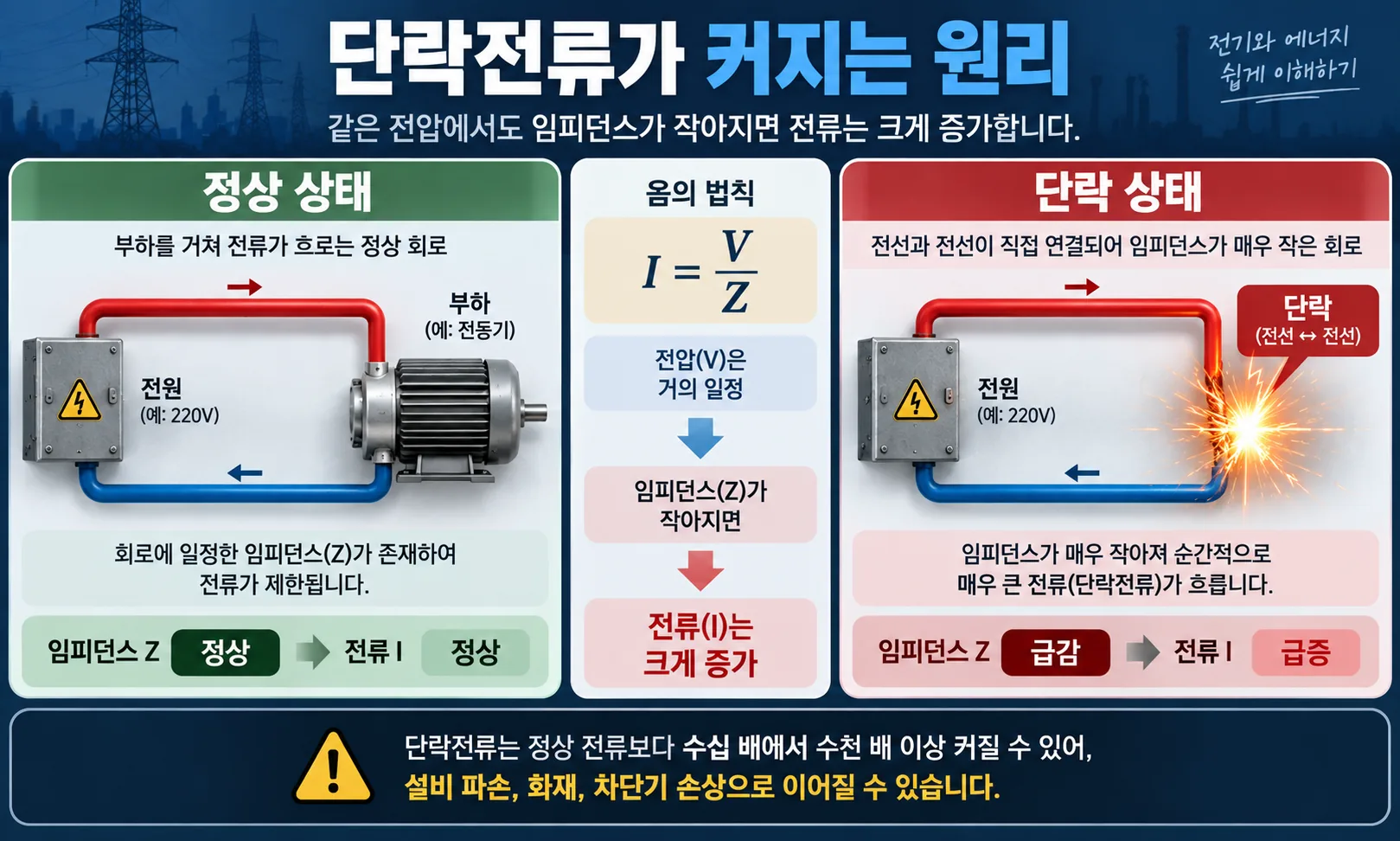 임피던스가 낮아질수록 단락전류가 크게 증가하는 원리를 설명한 인포그래픽