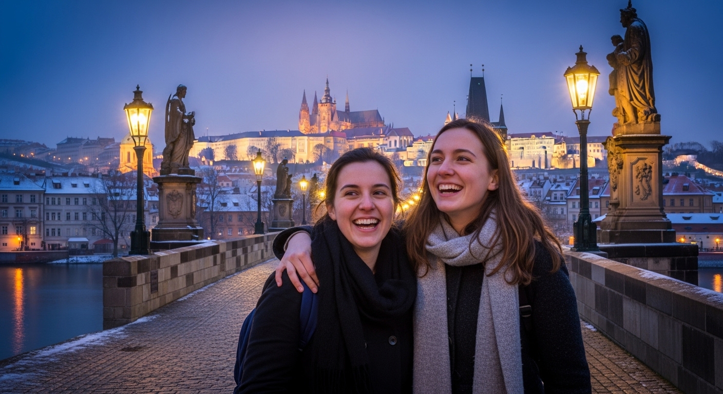 프라하 카를교 위에서 두 친구가 프라하 성의 야경을 감상하며 어깨동무를 하고 있는 모습