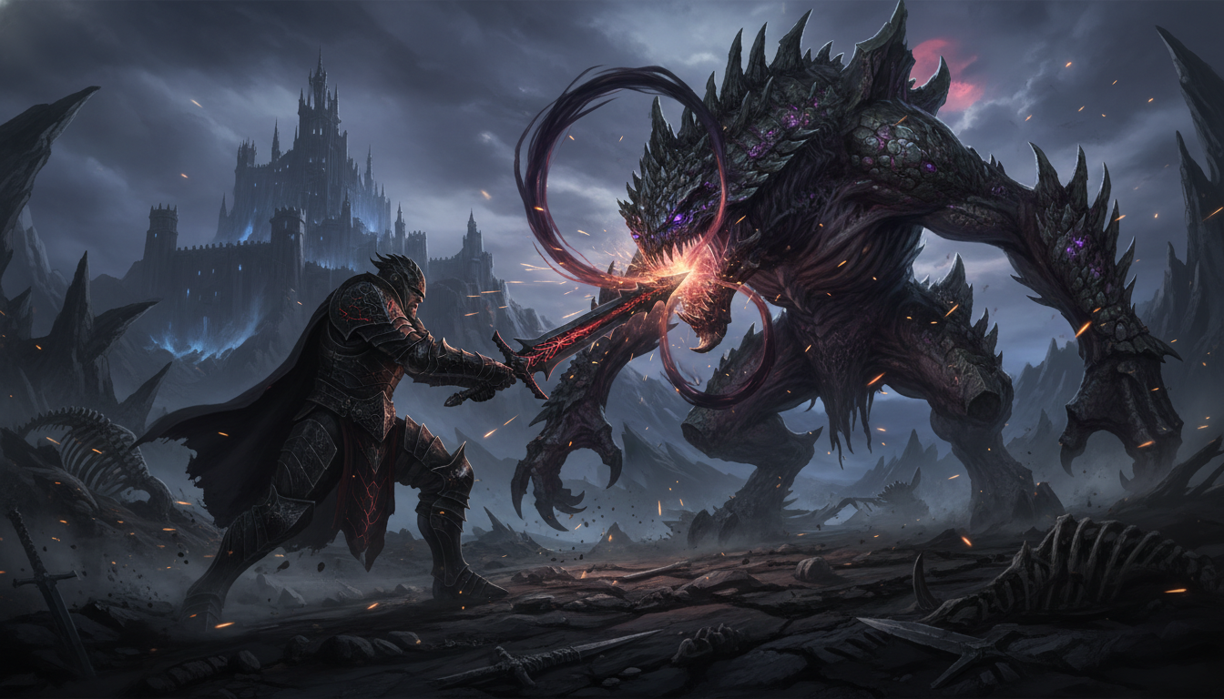 붉은사막의 전사가 거대한 괴물과 격렬하게 싸우는 어둡고 현실적인 판타지 장면. 게임의 진지하고 하드코어한 전투를 표현합니다.