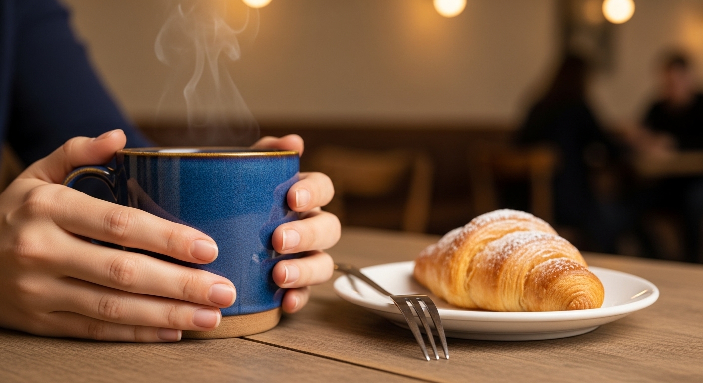 따뜻한 머그잔을 들고 혼자 식사하며 평온을 느끼는 손. 스트레스 해소와 휴식을 상징합니다.