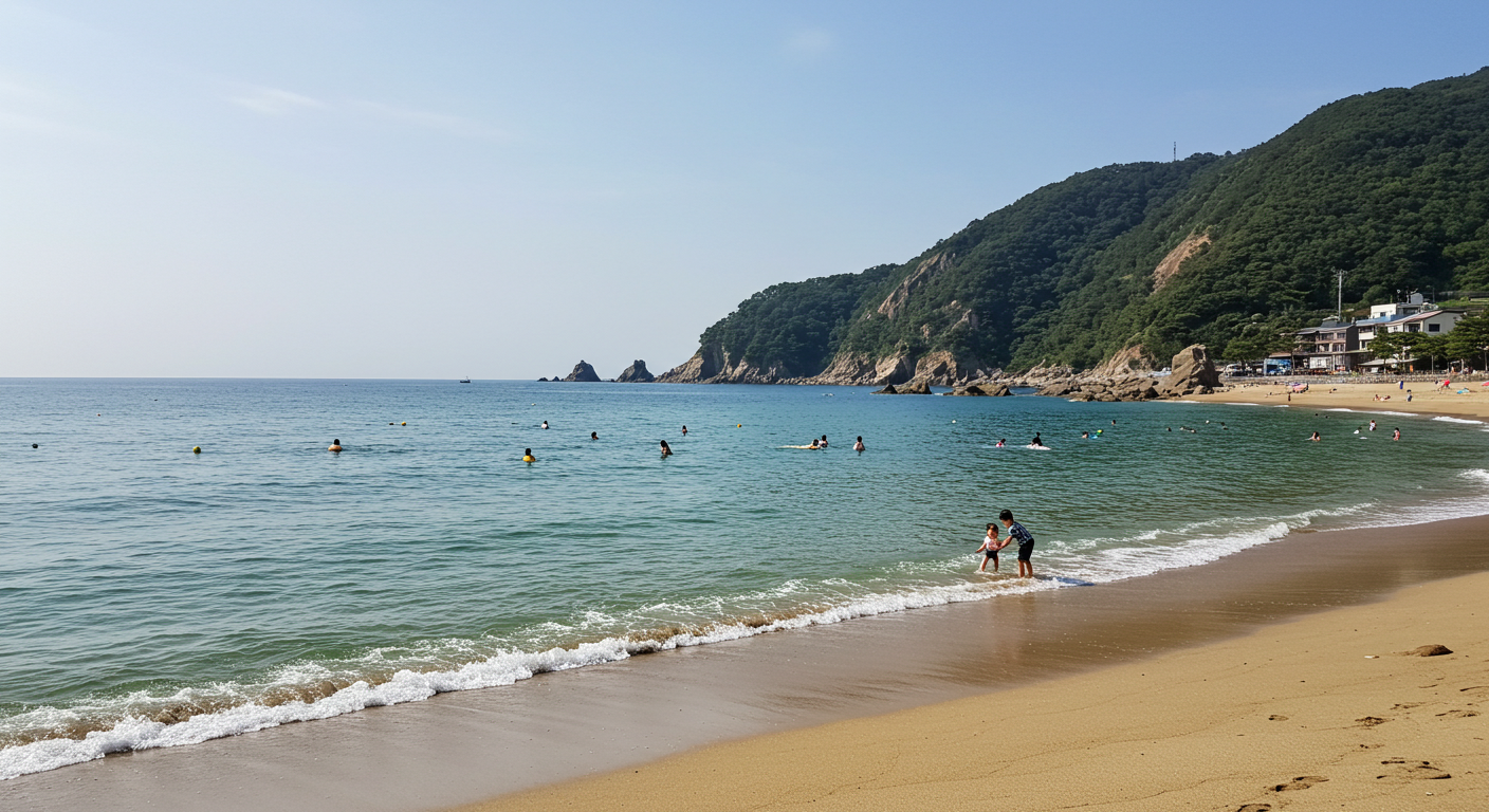 속초 또는 고성 해변에서 물놀이하는 한국인 가족