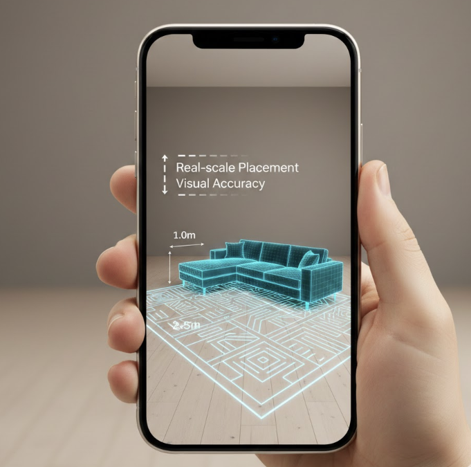 사용자가 스마트폰 AR 앱을 통해 거실 바닥을 스캔하고, 원하는 3D 가구 모델을 실물 크기로 가상 배치하여 공간 적합성을 확인하는 증강 현실 커머스 작동 원리 인포그래픽.