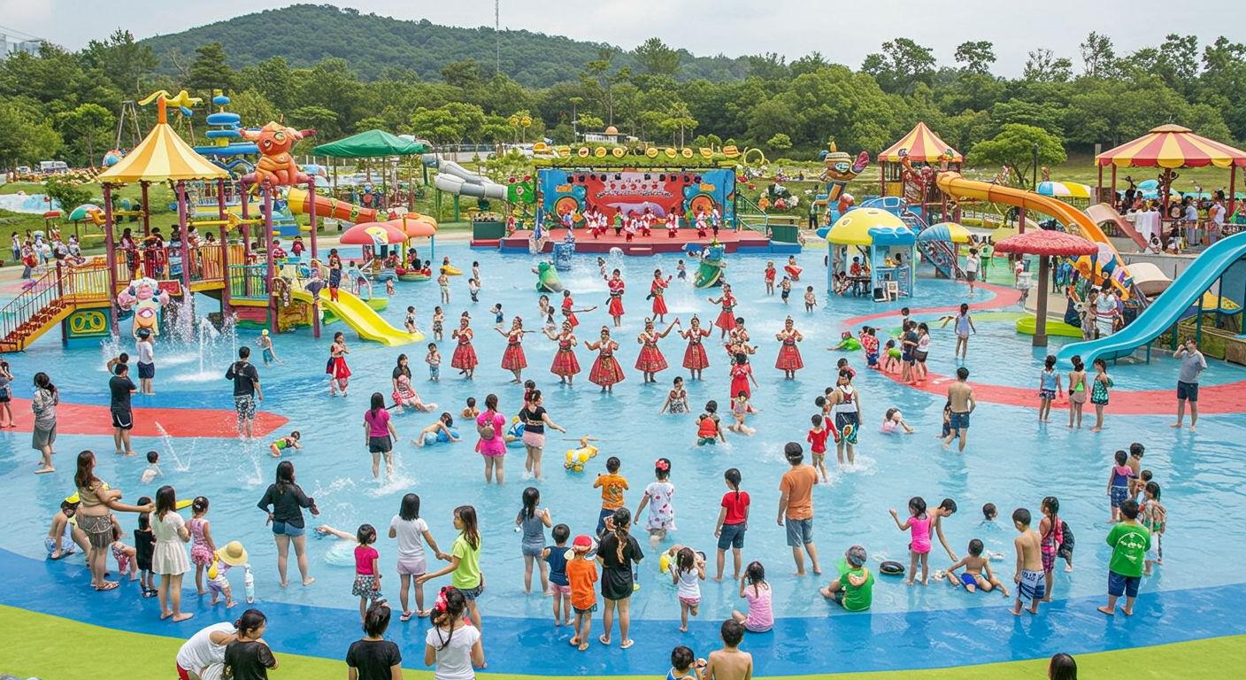 이란 국제 아동 민속놀이 축제의 화려한 워터 슬라이드에서 즐거워하는 아이들