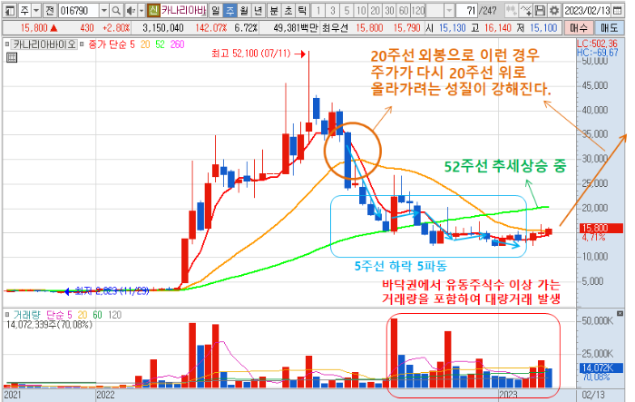 2월 17일 카나리아바이오 주봉 차트