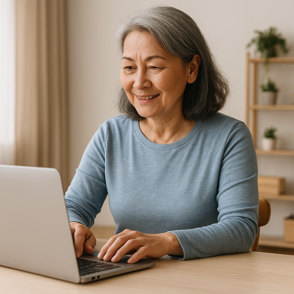 블로그 글쓰기 실천하는 중년 여성의 노트북으로 글쓰기 하는 이미지