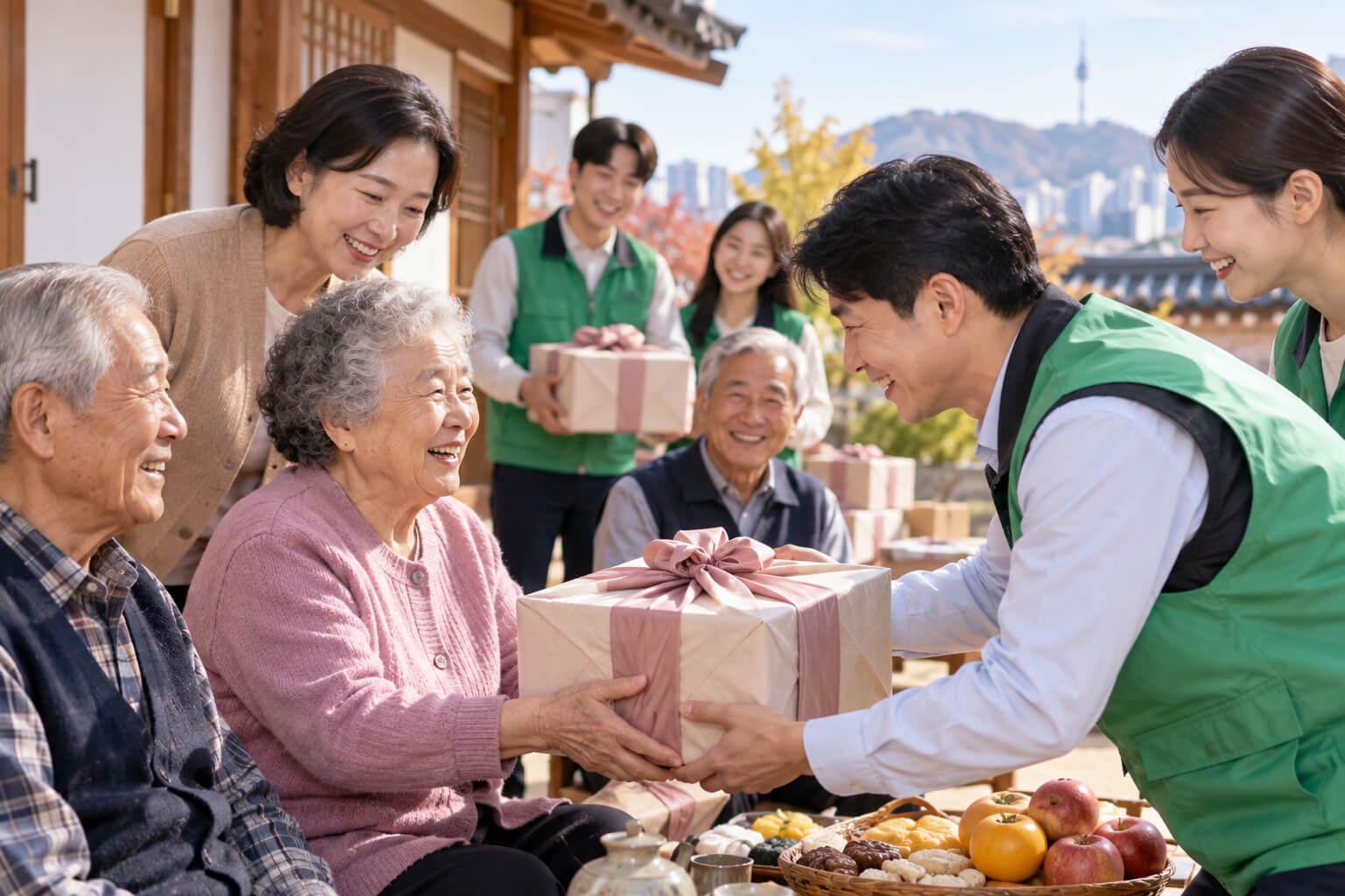 서울 저소득층 추석 명절위문비 지원을 상징하는 여러 어르신과 봉사자들이 명절 선물을 전달하는 모습