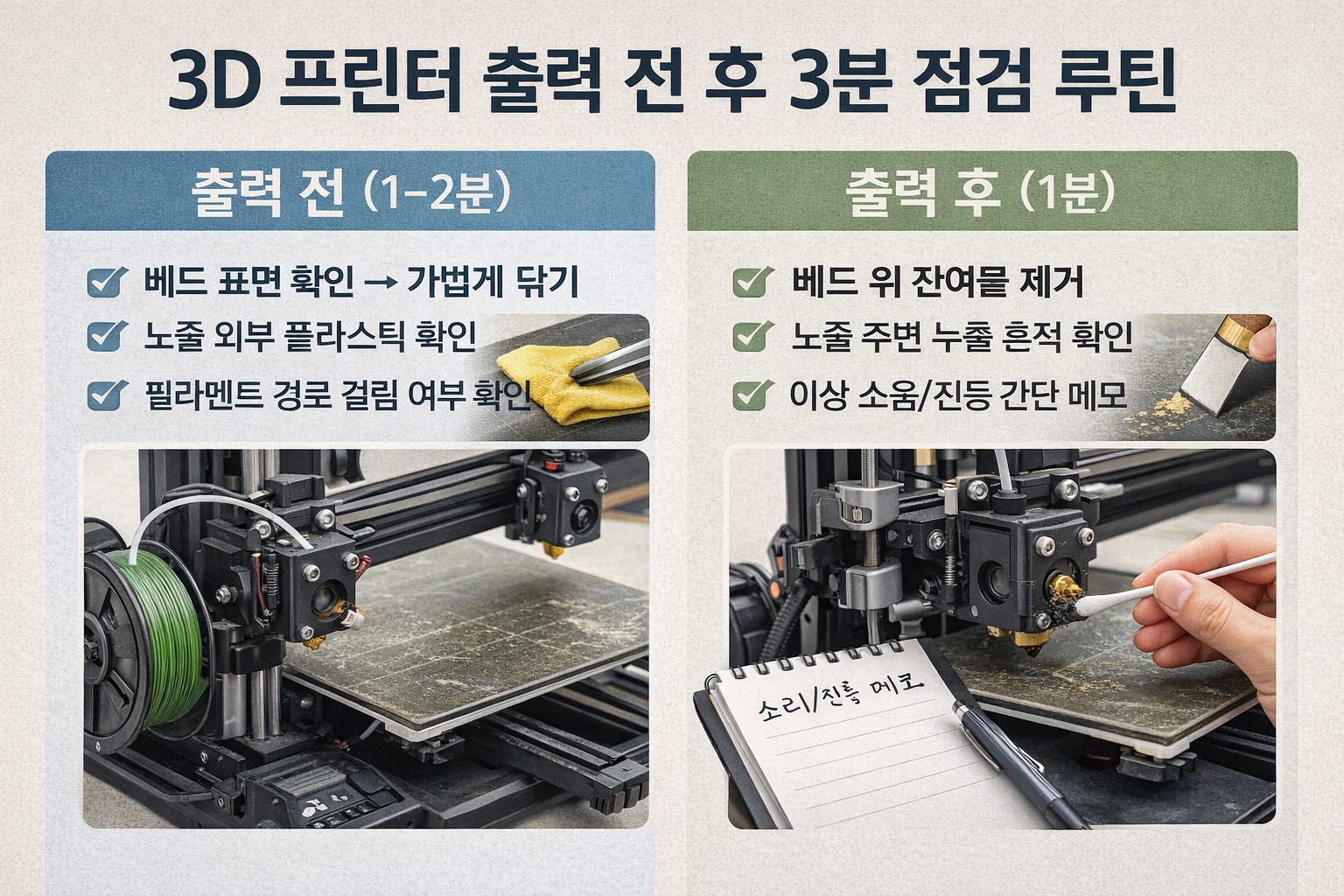 3D 프린터 유지보수에서 출력 전후 3분 점검 루틴을 단계별로 정리한 인포그래픽 예시