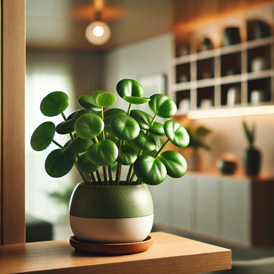 실내안의 둥근잎 모양의 식물의 모습