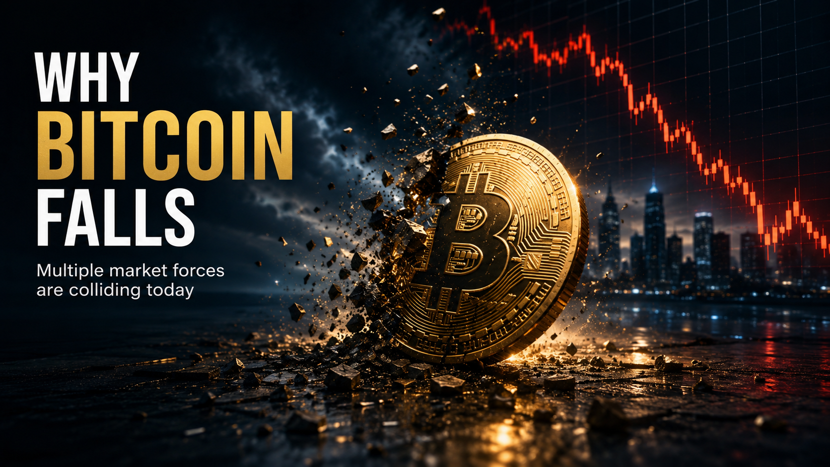 Bitcoin breaking lower during a sharp market selloff with a falling price chart and dark financial skyline.