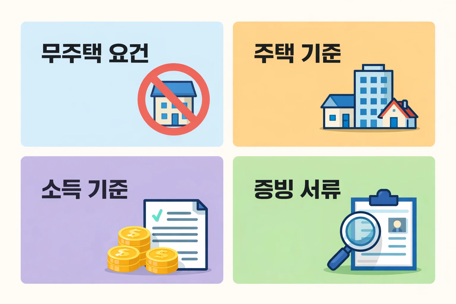 월세 환급 신청을 위해 반드시 충족해야 하는 무주택 요건 주택 기준 소득 기준을 항목별 체크리스트로 정리한 이미지입니다