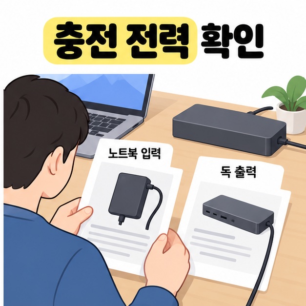 충전 전력 확인이라는 제목 아래 노트북 입력과 독 출력으로 표시된 충전기 및 독 안내 자료를 나란히 비교하는 모습