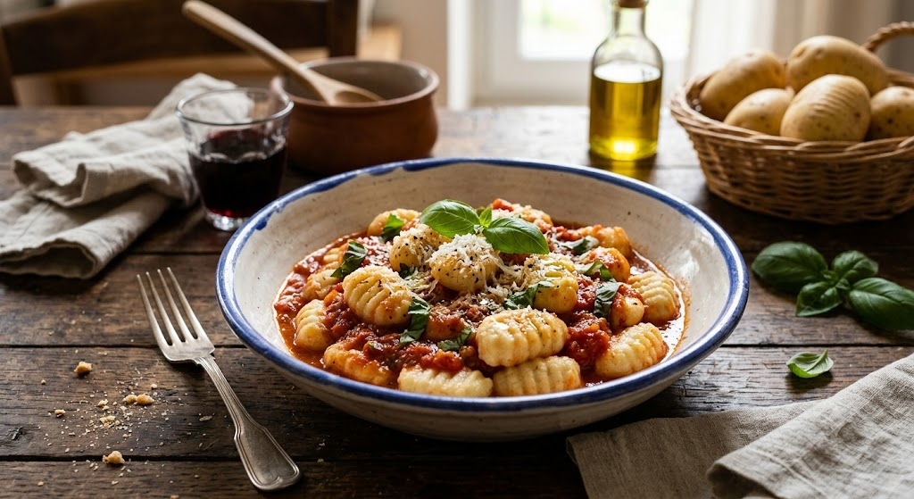 빈티지한 목재 식탁 위에 토마토소스, 파르메산 치즈 가루, 신선한 바질 잎이 올려진 감자 뇨끼가 파란 테두리의 도자기 그릇에 담겨 있다. 그릇 옆으로는 포크, 와인 한 잔, 올리브 오일 병, 그리고 감자가 담긴 바구니가 놓여 있다.