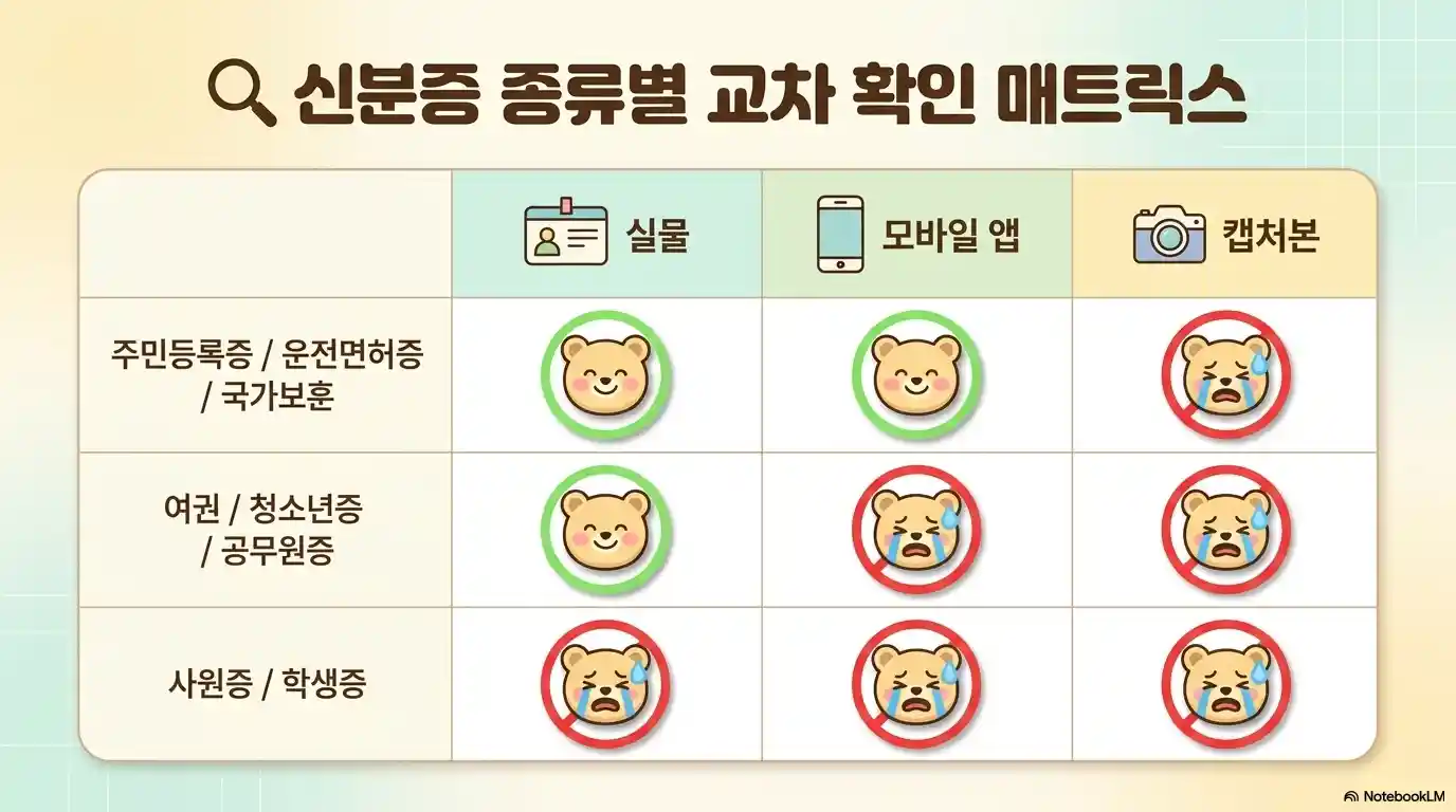 신분증 종류별 실물 모바일앱 캡처본 인정 여부 교차 확인 매트릭스 - 주민등록증 운전면허증 여권 사원증 학생증 비교