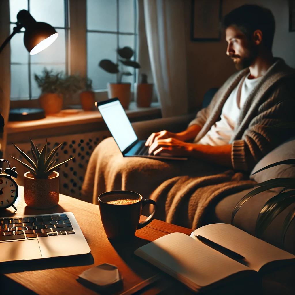 조용한 저녁, 노트북과 커피잔, 노트가 놓인 홈 오피스 분위기
