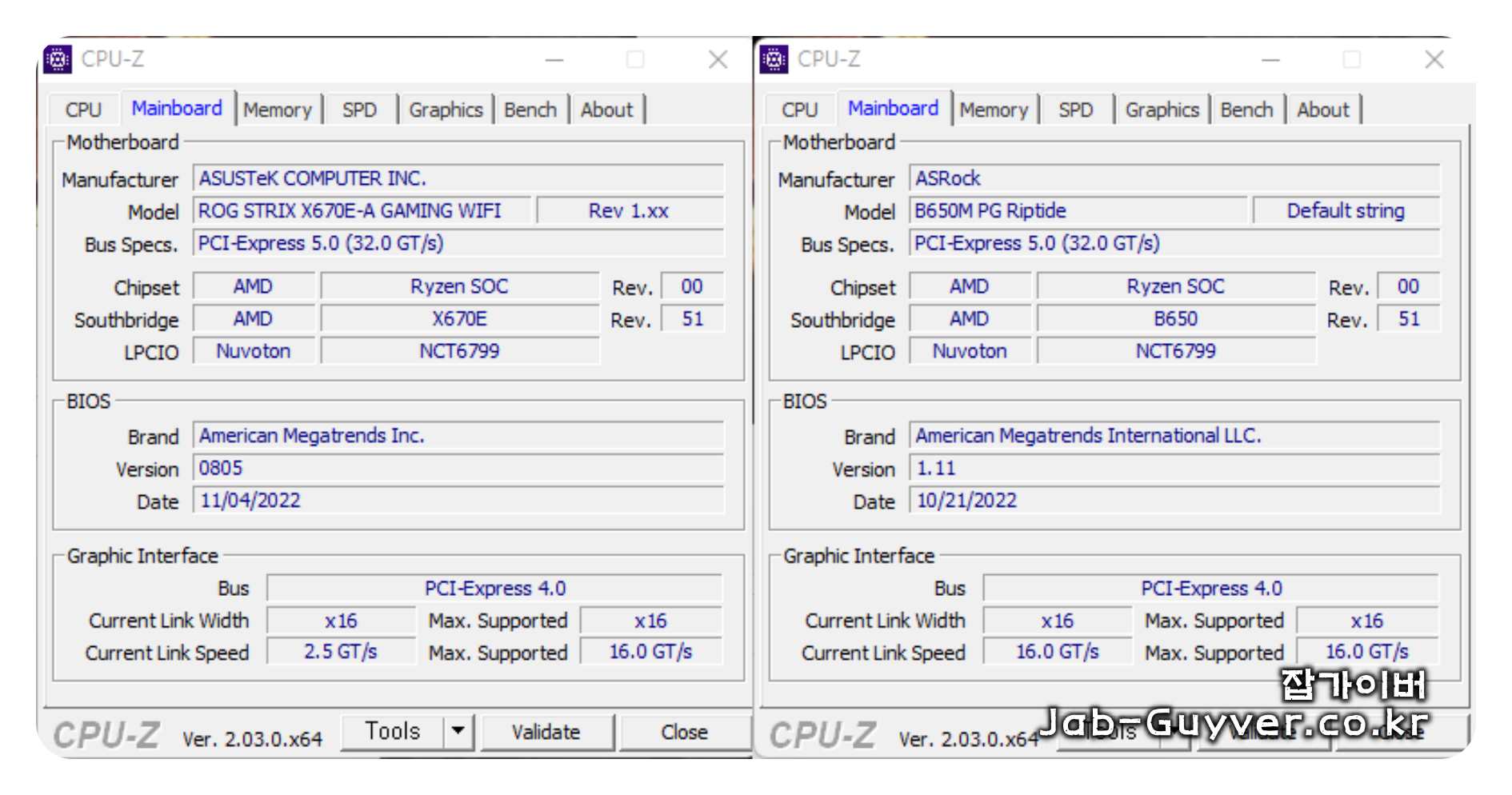CPU-Z에서 Mainboard 탭으로 메인보드 제조사와 모델을 확인하는 화면