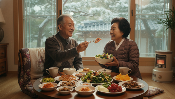 따뜻한 실내에서 건강하고 다채로운 겨울 식사를 함께 즐기는 행복한 한국인 시니어 부부의 모습