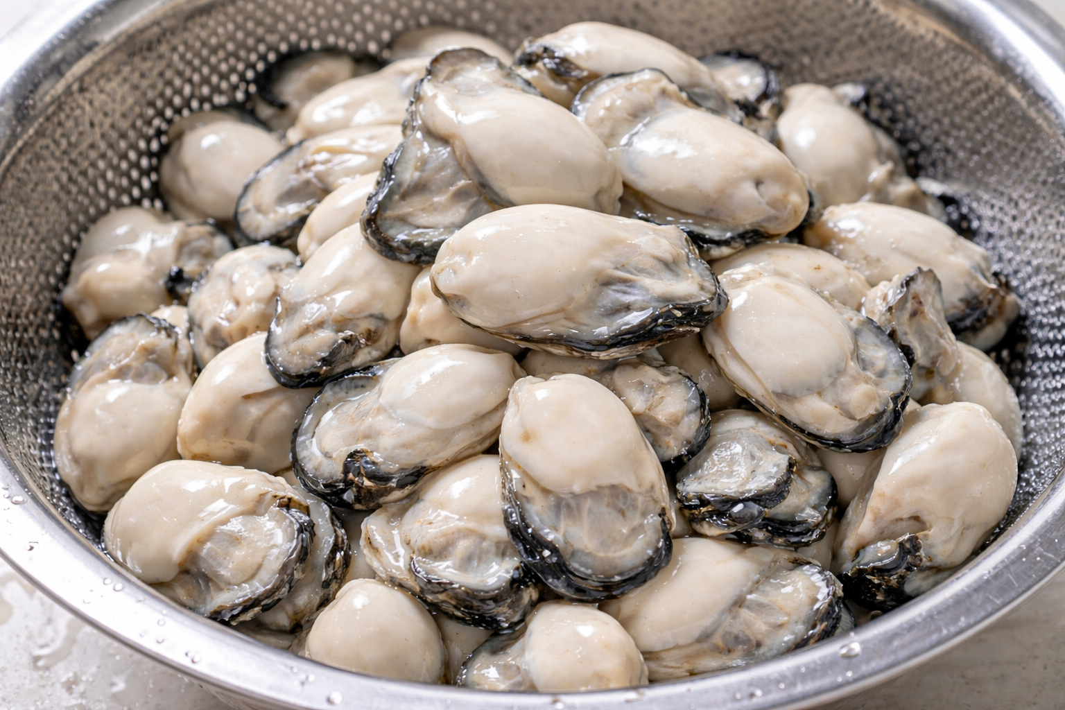 무즙으로 손질되어 이물질 없이 깨끗하고 뽀얀 생굴의 모습