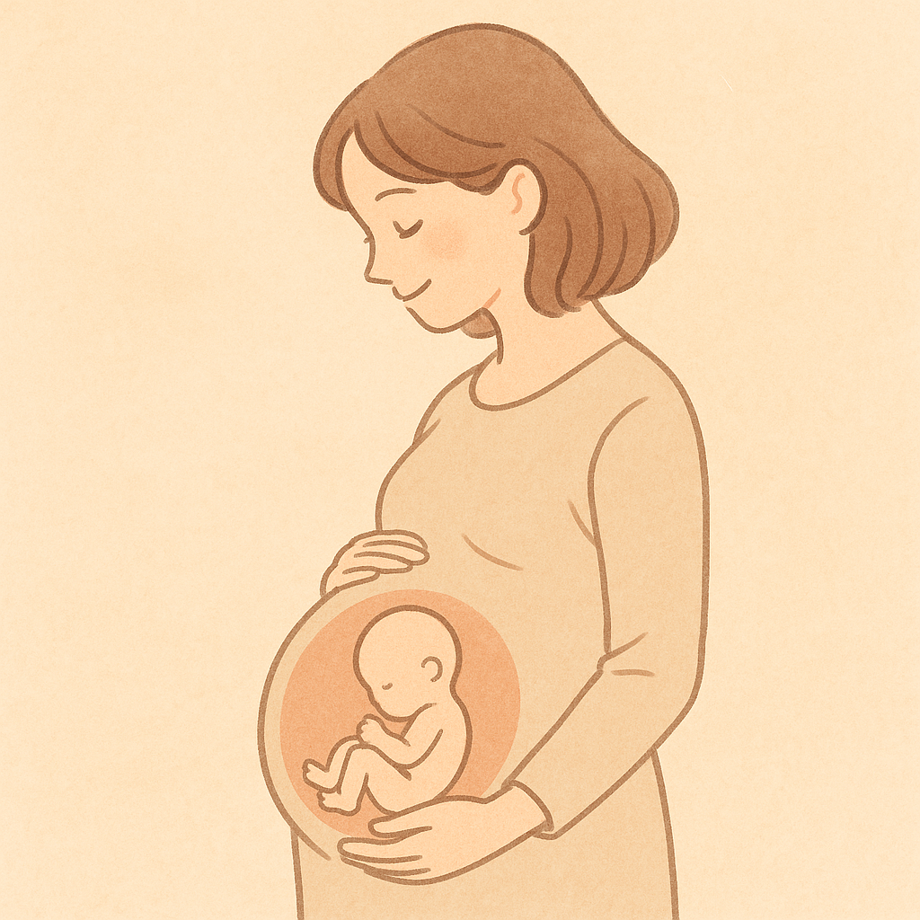 따뜻한 베이지 톤 배경에 임신한 여성이 배를 감싸 안고 미소 짓고 있는 감성 일러스트. 여성의 배 속에는 태아가 평온하게 웅크리고 있는 모습이 부드럽게 표현됨.