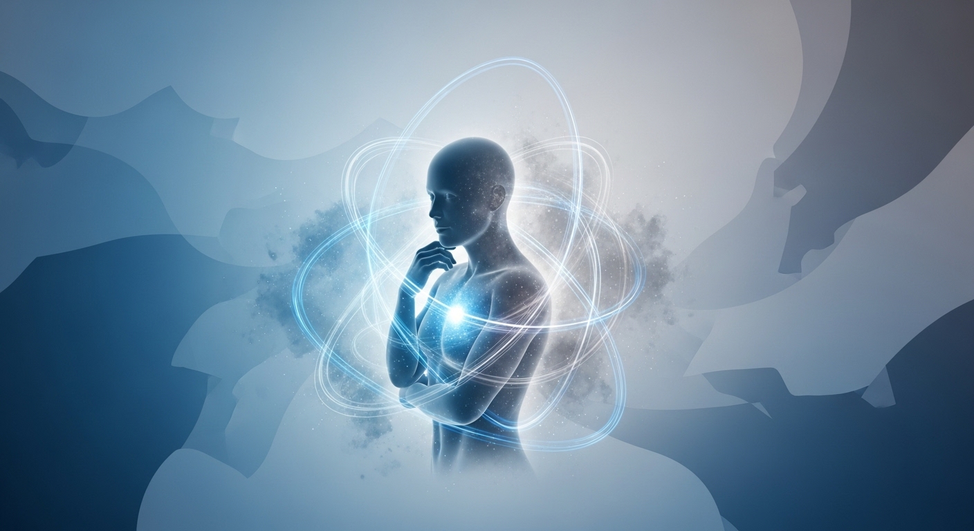 푸른빛과 회색빛 에너지에 둘러싸인 인체의 모습. 만성 염증의 숨겨진 원인과 치유의 가능성을 시사하는 추상적인 이미지.