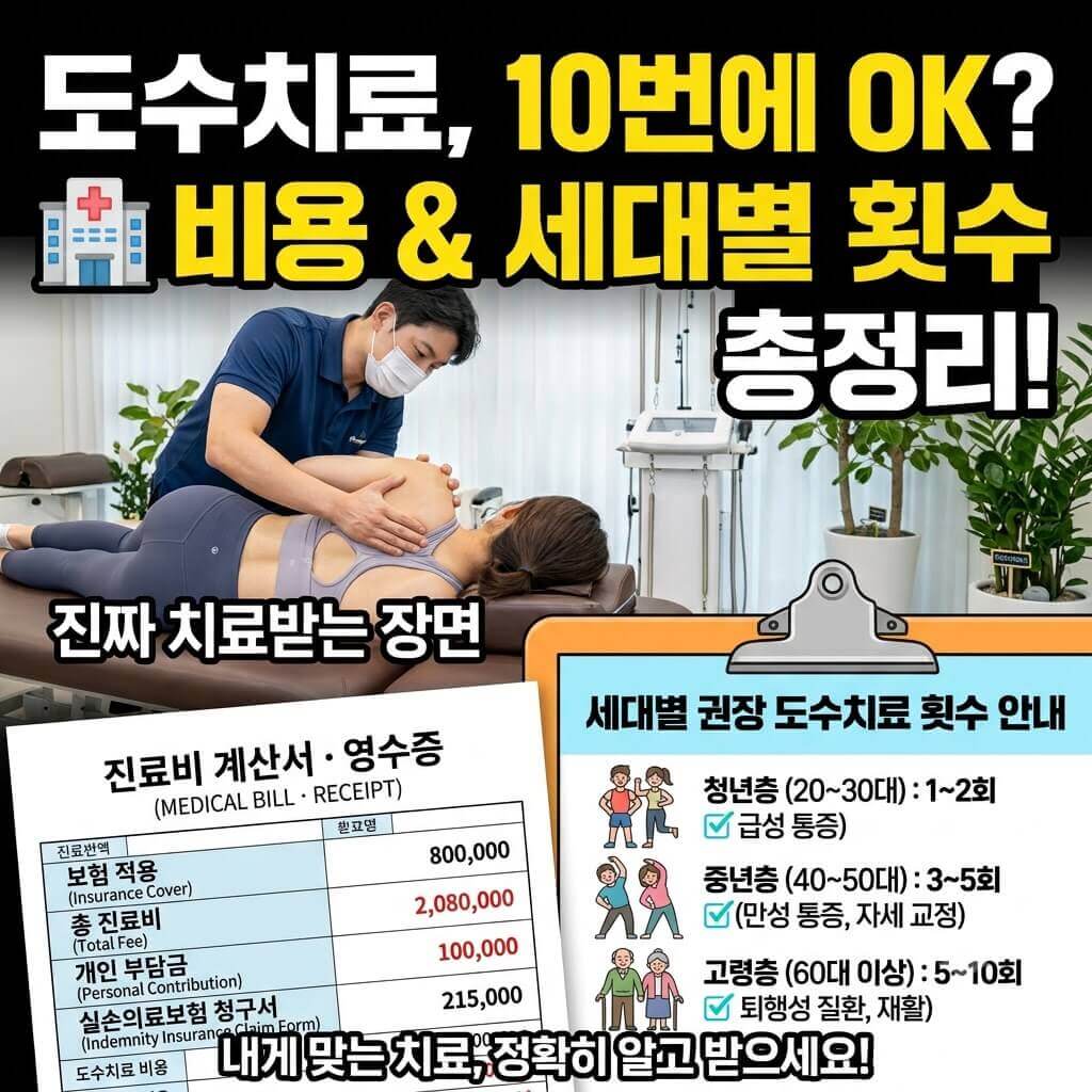 도수치료 장면, 의료비 청구서, 세대별 치료 횟수 안내 이미지