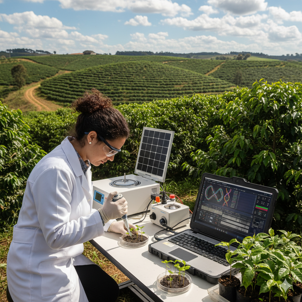 브라질의 푸른 커피 농장을 배경으로, 한 연구원이 커피나무 묘목의 DNA를 분석하는 모습입니다. 실험실 장비와 컴퓨터 화면에는 유전자 정보가 표시되어 있습니다. (이미지 생성:google)