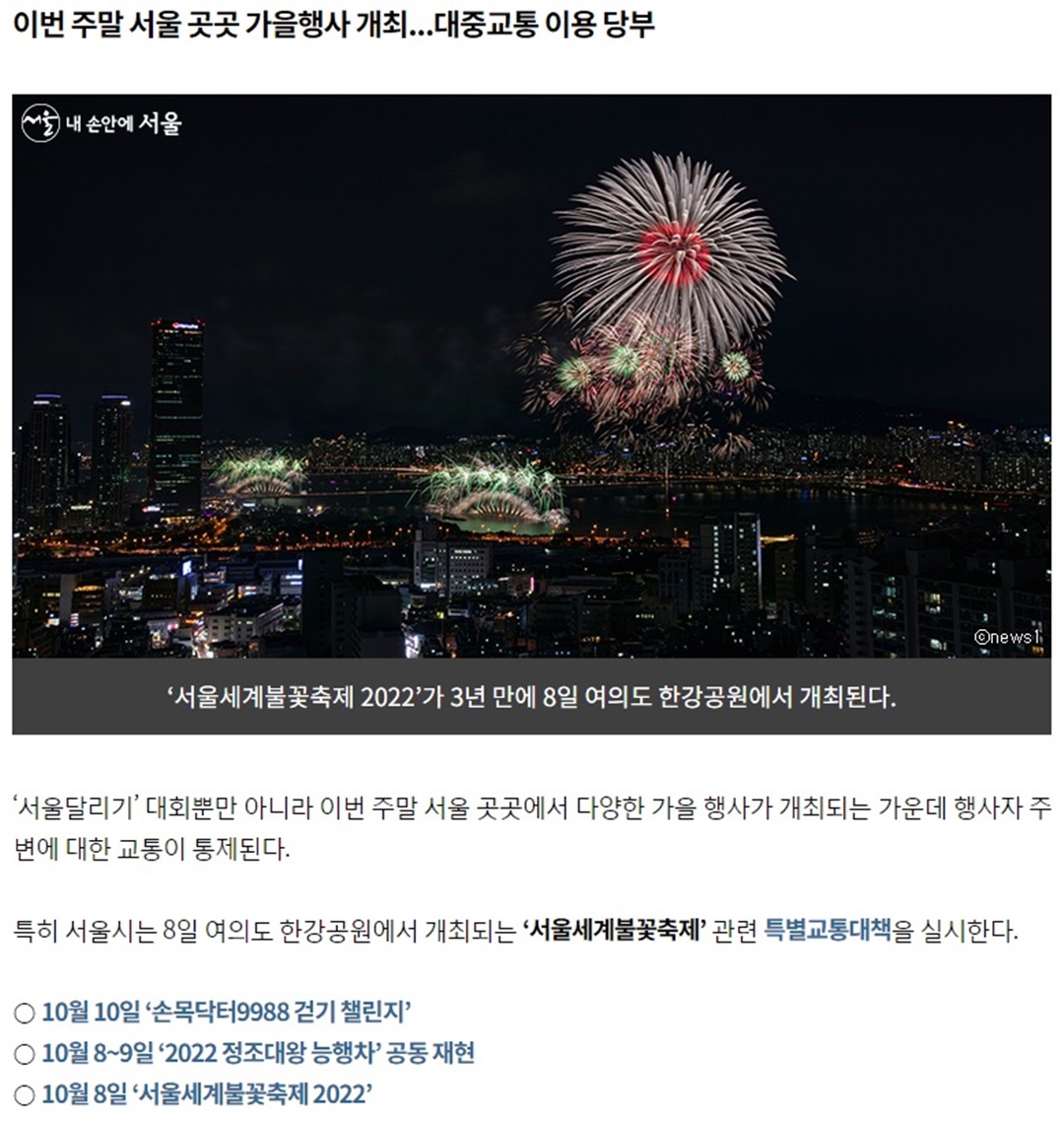 서울특별시의 서울세계불꽃축제 개최홍보사진으로 서울야경 하늘을 수놓는 불꽃전경 화면캡쳐 사진