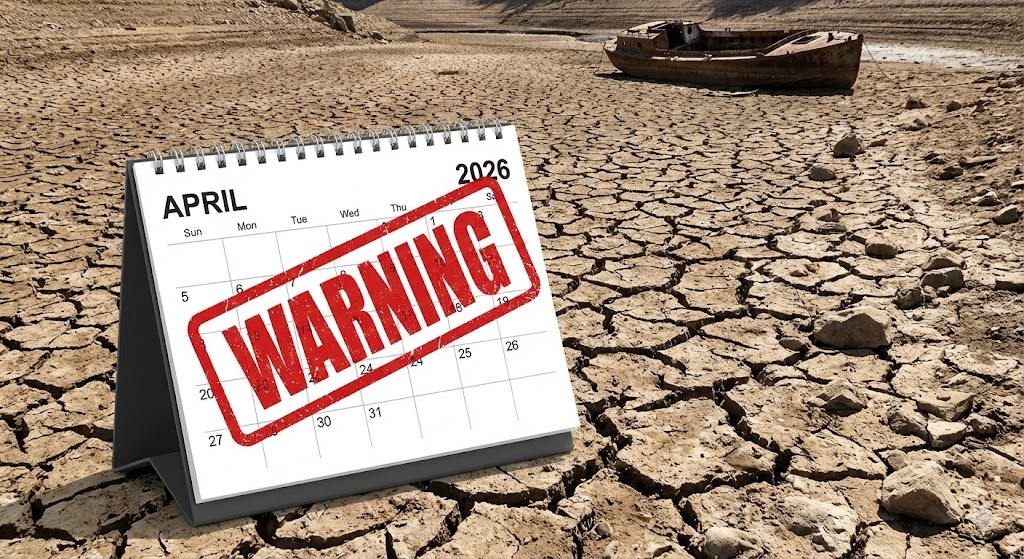 2026년 달력의 '4월' 날짜 위에 붉은색 경고 표시가 되어 있고, 그 아래 말라버린 강바닥(유동성 부족)이 보이는 모습