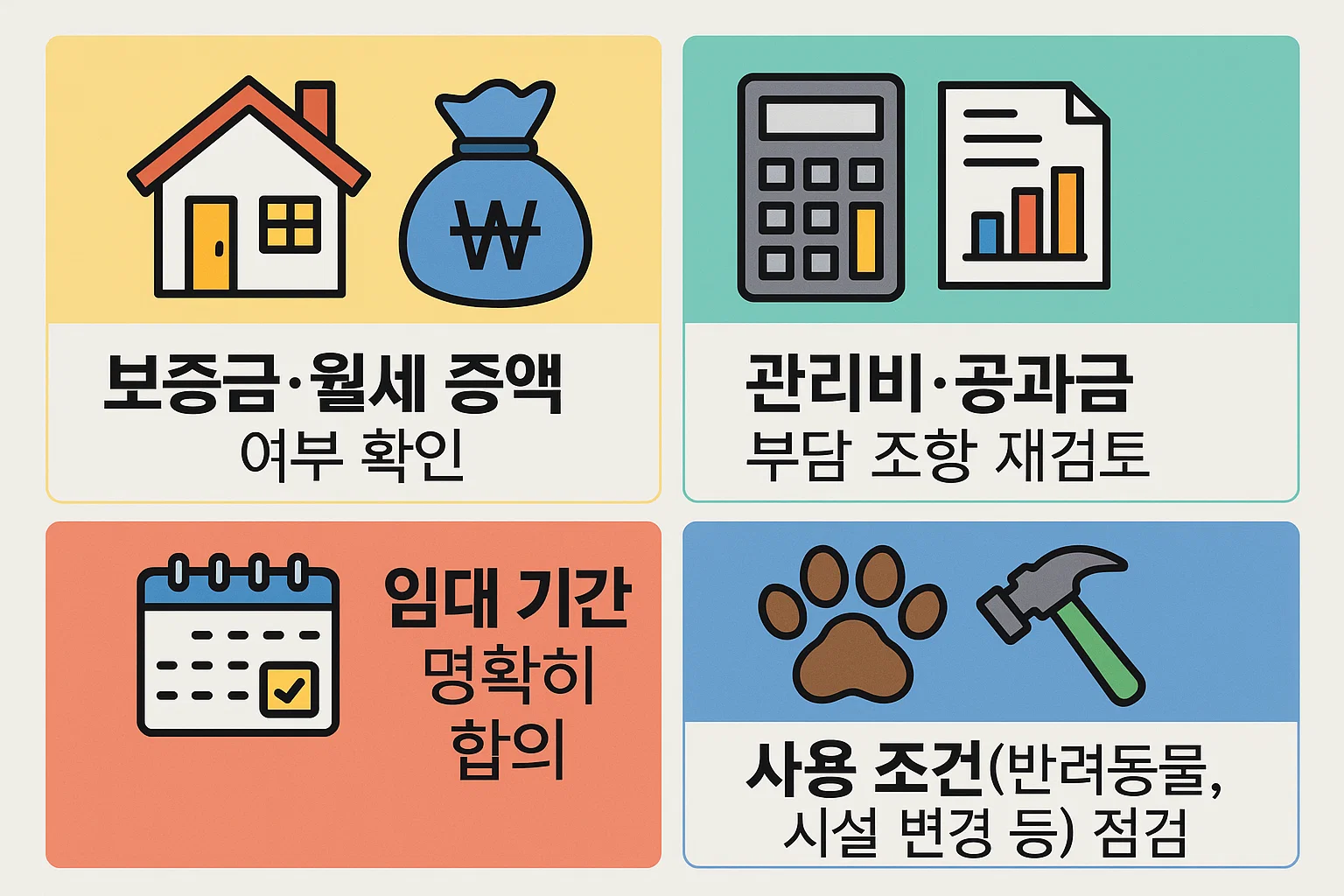 전세 계약 연장 시 보증금·월세 증액 여부, 관리비·공과금 부담 조항, 임대기간 협의, 사용조건 점검 등 주요 계약 조건을 꼼꼼히 검토할 수 있도록 구성한 인포그래픽.