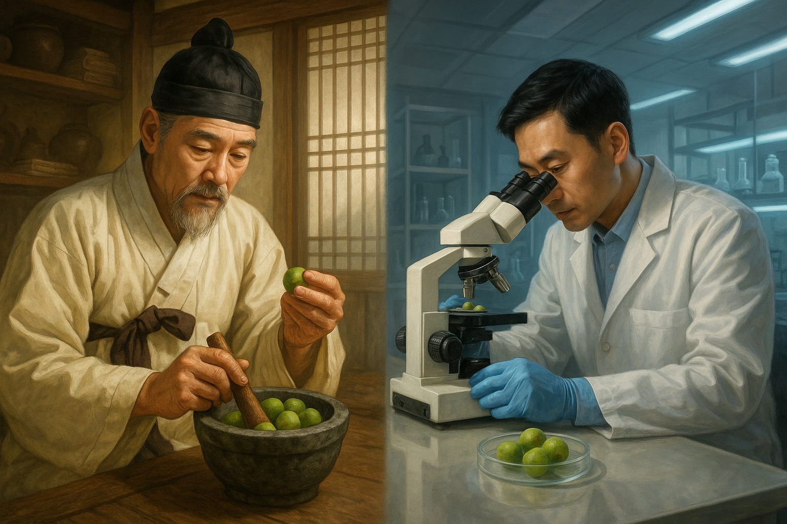 과거 매실의 효능과 현대의 매실의 효능 관련된 대비 일러스트