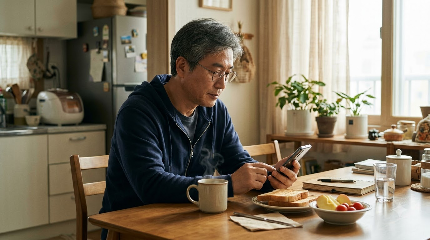 일요일 아침 식탁에서 커피잔 옆에 스마트폰 증권 앱을 켜고 ETF 목록을 비교하는 50대 남성