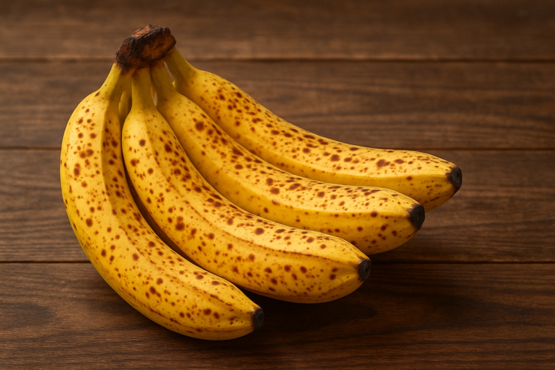 나무 테이블 위에 갈색 반점이 가득한 완전히 익은 바나나 다발