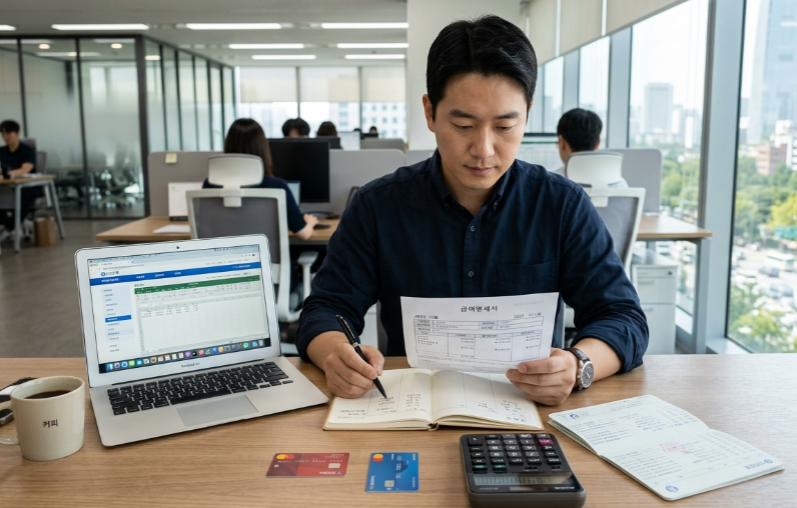 현대적인 한국 직장인의 현실적인 재테크 장면