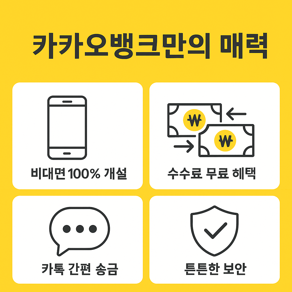 카카오뱅크만의 매력을 간단히 정리한 인포그래픽으로, 비대면 100% 개설, 수수료 무료, 카톡 송금, 보안 강화를 강조