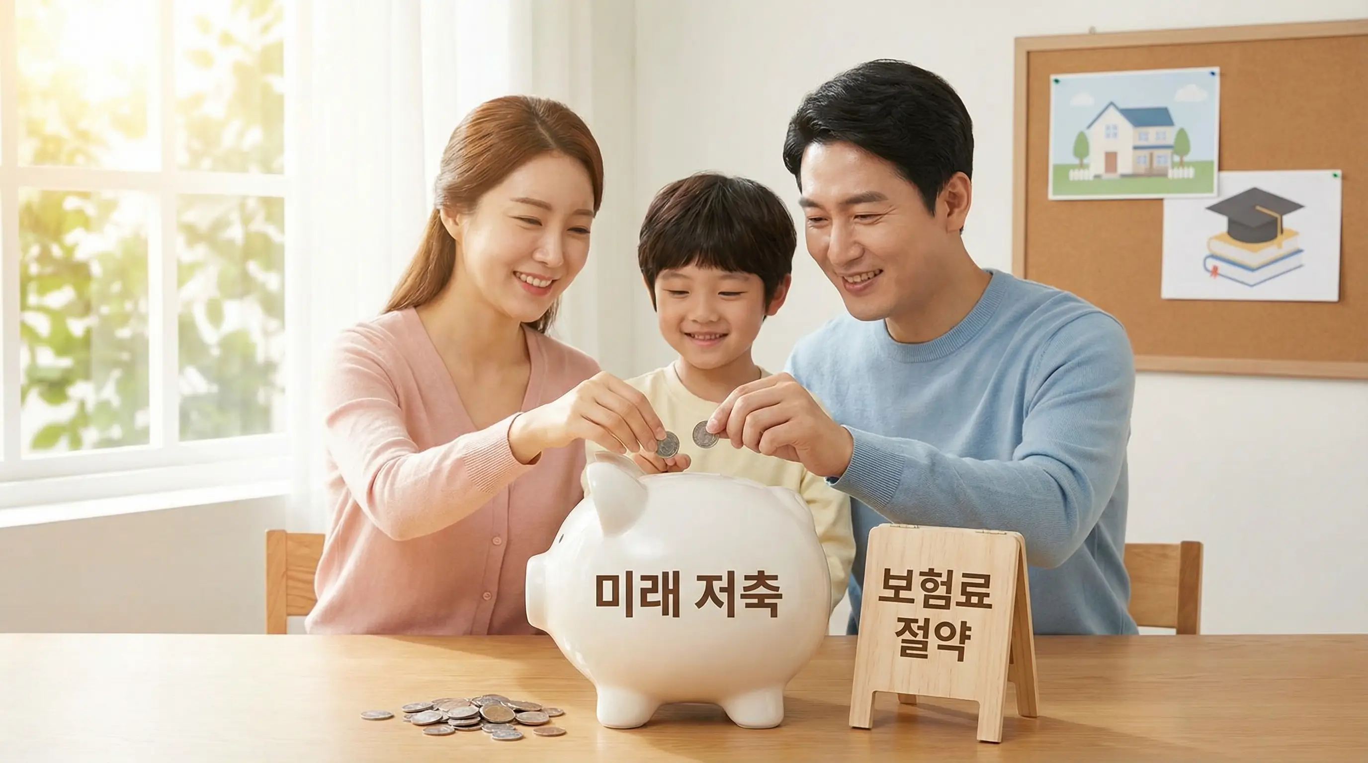 돼지저금통에 동전을 넣으며 미래를 위해 저축하고 보험료를 절약하는 이미지