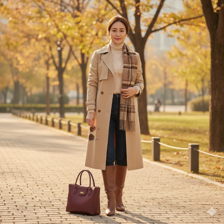 40대 여성이 가을 코디를 착용하고 있는 전신 사진