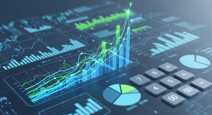 AGI ETF 투자 수익률을 예측하는 계산기 인터페이스를 형상화한 이미지. 미래 금융 성장과 데이터 시각화를 강조합니다.