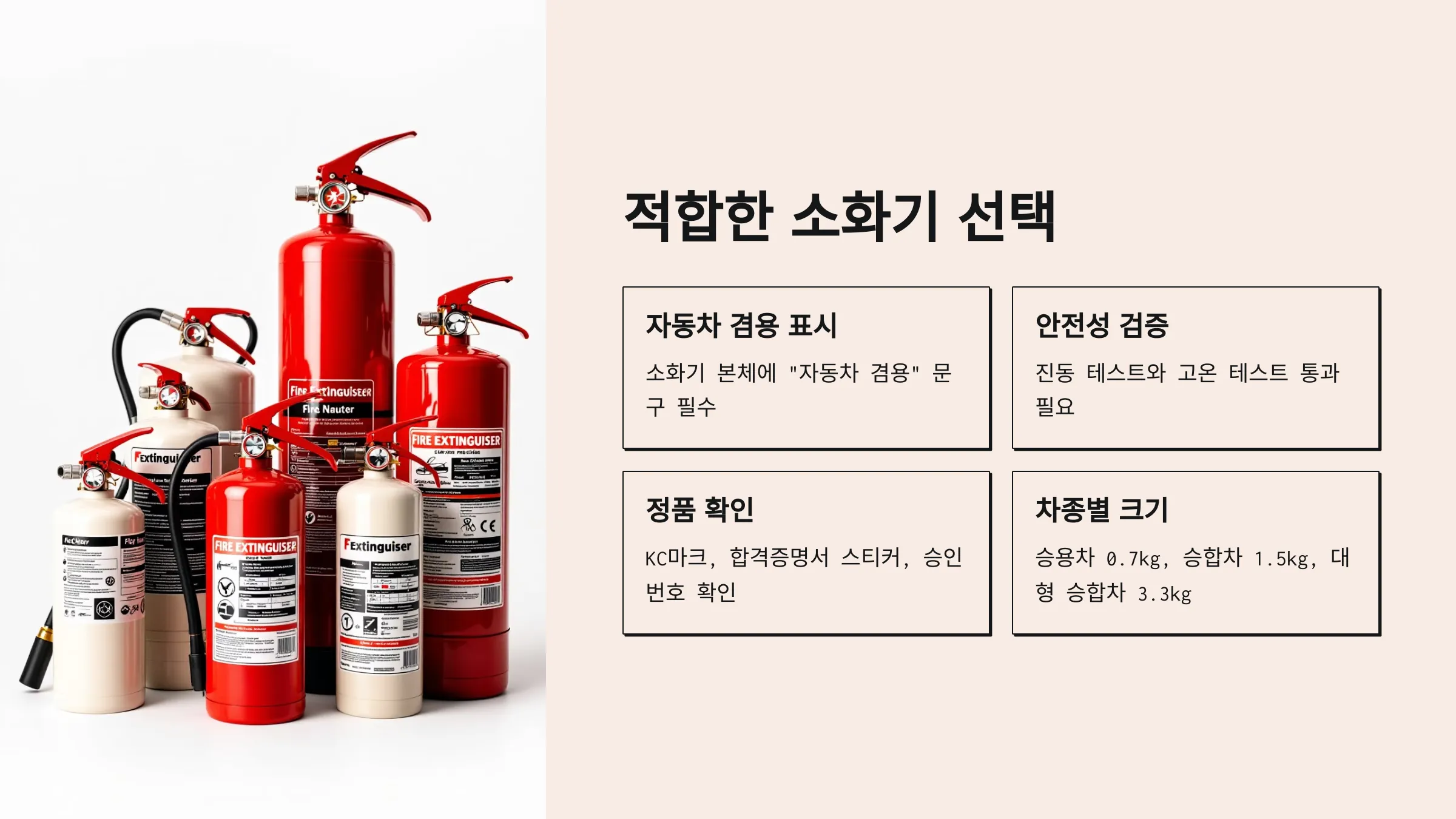 차량용 소화기 의무화, 소화기 설치위치, 소화기 설치 대상차량, 자동차겸용 소화기