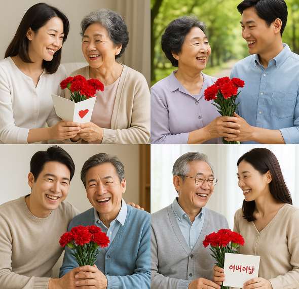 부모님께 카네이션을 드리고 있다