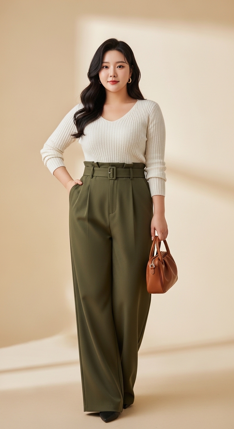 하이웨스트 팬츠를 입어 다리가 길어 보이는 모델의 코디 컷