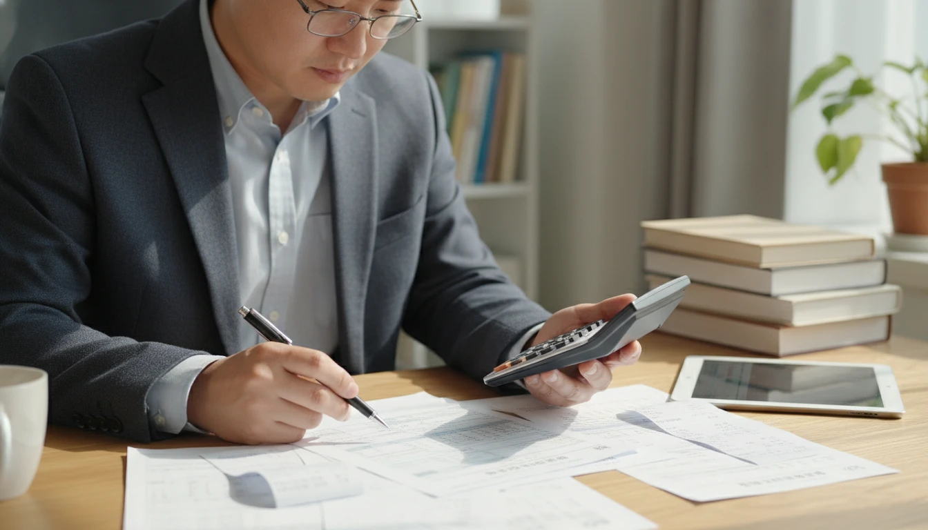 한국인 직장인이 책상에서 세금 서류와 계산기를 보며 소득공제 개념을 이해하는 모습.