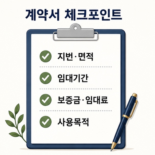 토지 임대차 계약서에 지번과 면적, 임대기간, 보증금과 임대료, 사용목적을 적는 방법을 정리한 이미지