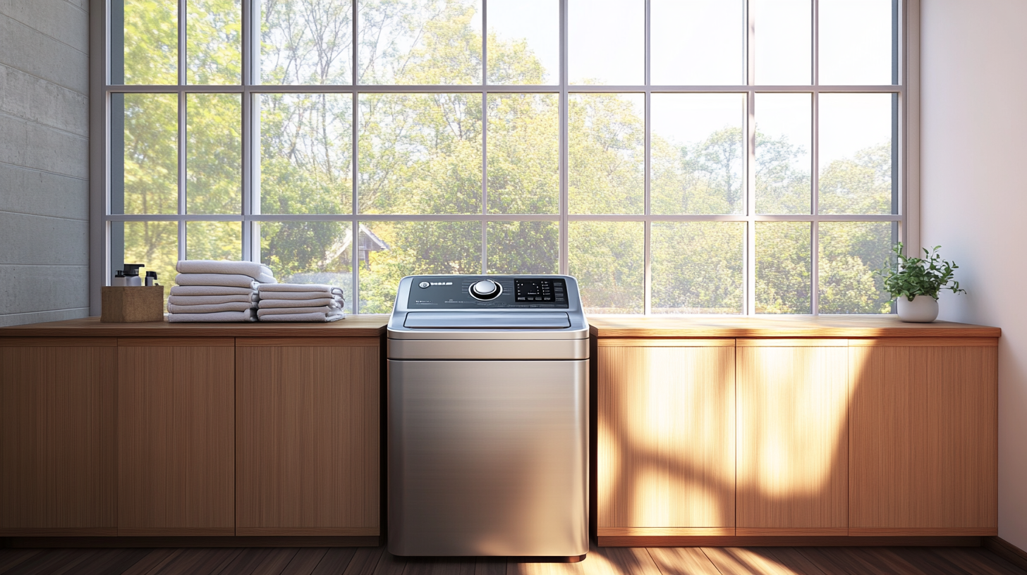 자연광이 비치는 현대적인 세탁실에서 삼성의 고급스러운 통돌이 세탁기가 나무 캐비닛과 함께 세팅된 모습