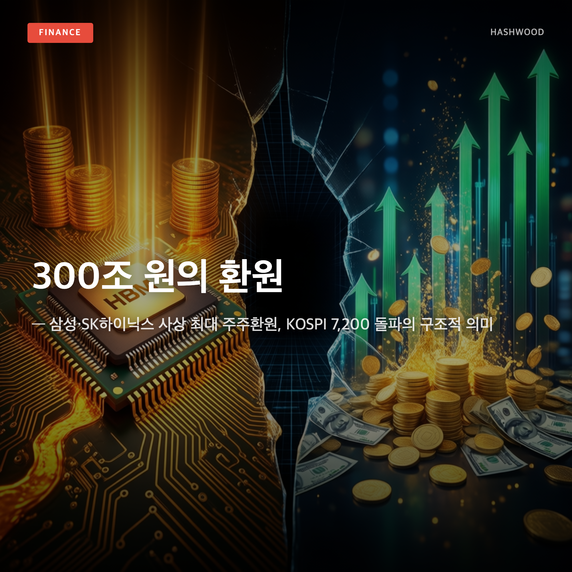 그림: 300조 원의 환원 — — 삼성·SK하이닉스 사상 최대 주주환원, KOSPI 7,200 돌파의 구조적 의미