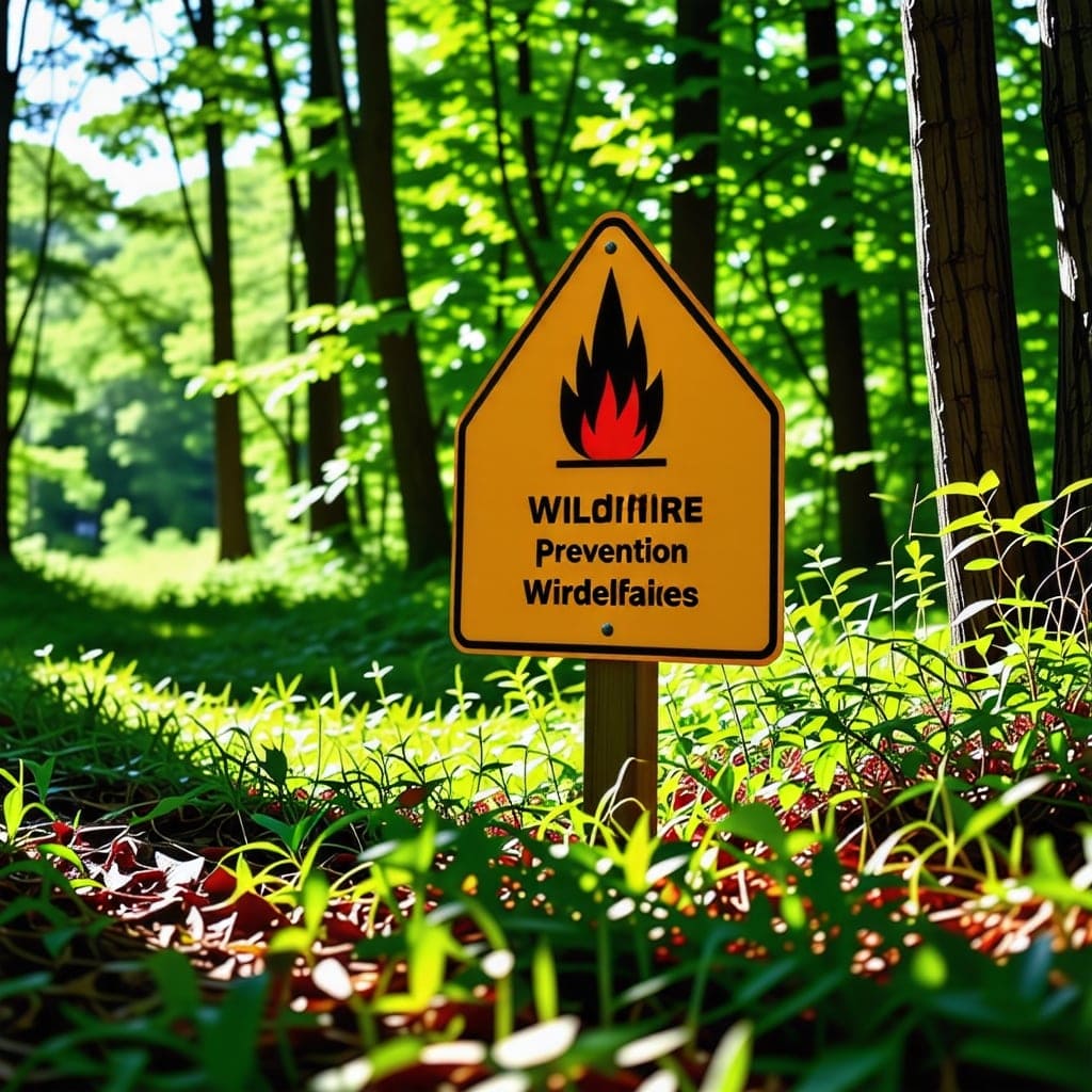 산불 예방을 위한 경고 표지판이 설치된 숲의 모습.