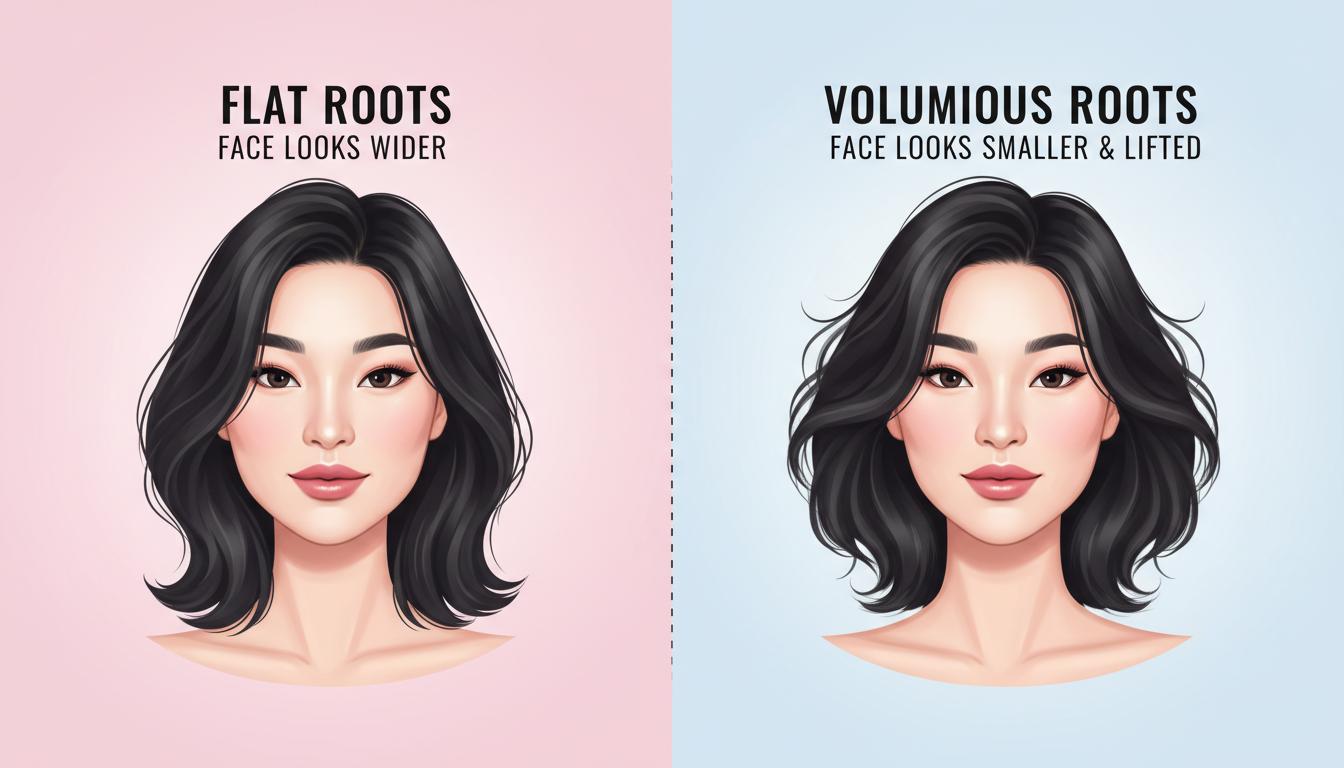 뿌리 볼륨의 유무에 따른 얼굴 크기 축소 및 리프팅 효과 비교 일러스트