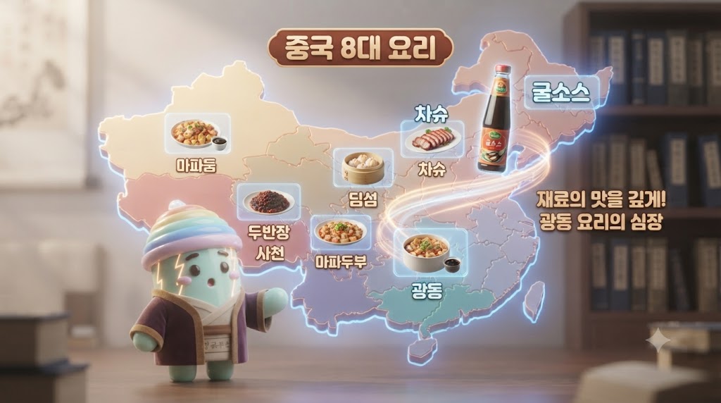 쫀쿠가 '중국 8대 요리' 지도 앞에서 마법사처럼 지팡이를 휘두르고 있습니다. 지도 위에는 각 지역 요리의 특징과 대표 소스가 홀로그램으로 펼쳐집니다. 쫀쿠는 특히 '광동' 지역을 가리키며, 그곳에서 심장처럼 빛나는 '굴소스' 병을 다른 소스들과 함께 우아하게 진열하고 있습니다. 배경에는 딤섬과 차슈 같은 광동 음식들이 먹음직스럽게 떠 있습니다.