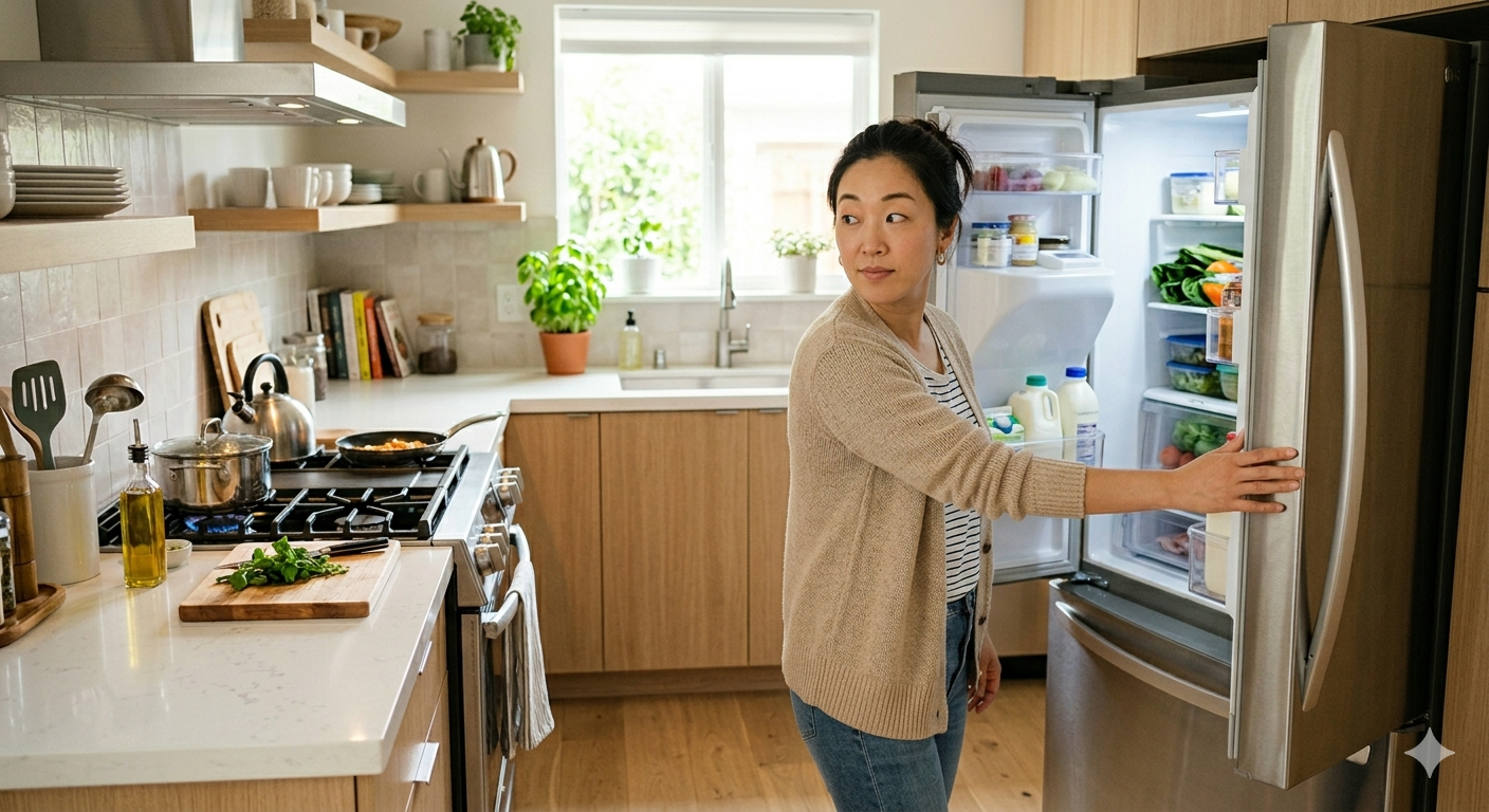 냉장고 앞에서 재료를 꺼내려다 멈춰 주방을 바라보는 사람