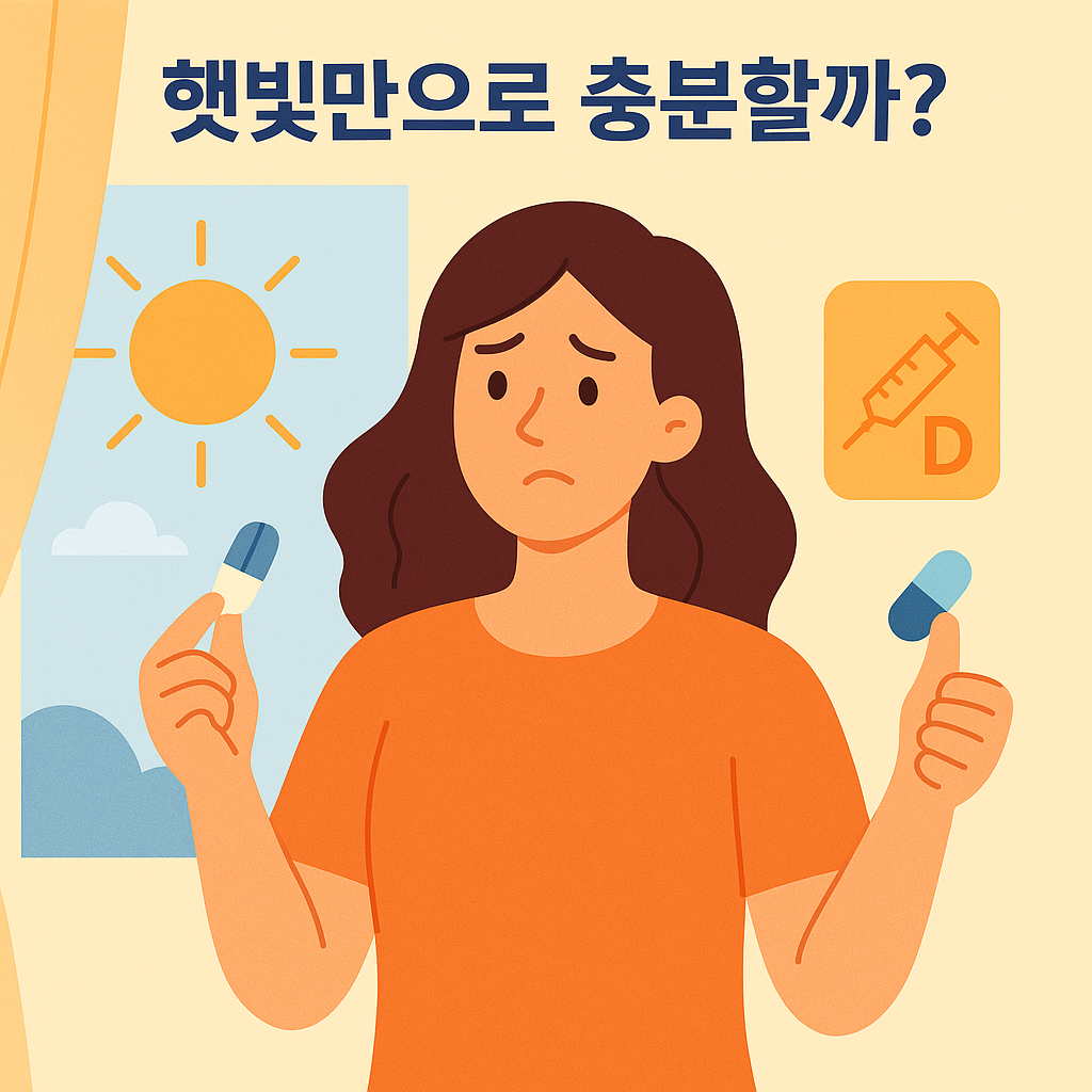 따뜻한 햇빛 아래 있지만 걱정스러운 표정을 짓고 있는 여성,
한 손엔 비타민 D 주사 아이콘, 다른 손엔 알약 모양 비타민을 들고 고민하는 모습