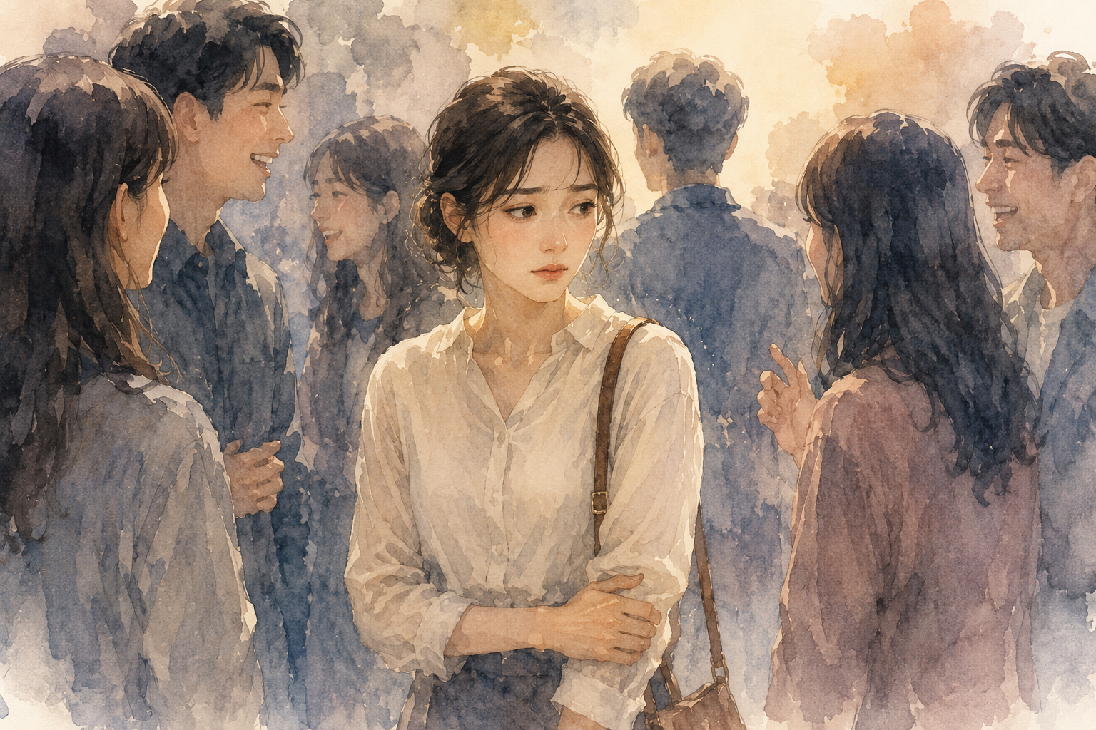 여러 사람들 사이에서 주변 분위기를 살피며 조심스럽게 서 있지만, 한편으로는 지친 표정을 숨기지 못하는 여성의 감성적인 수채화 일러스트