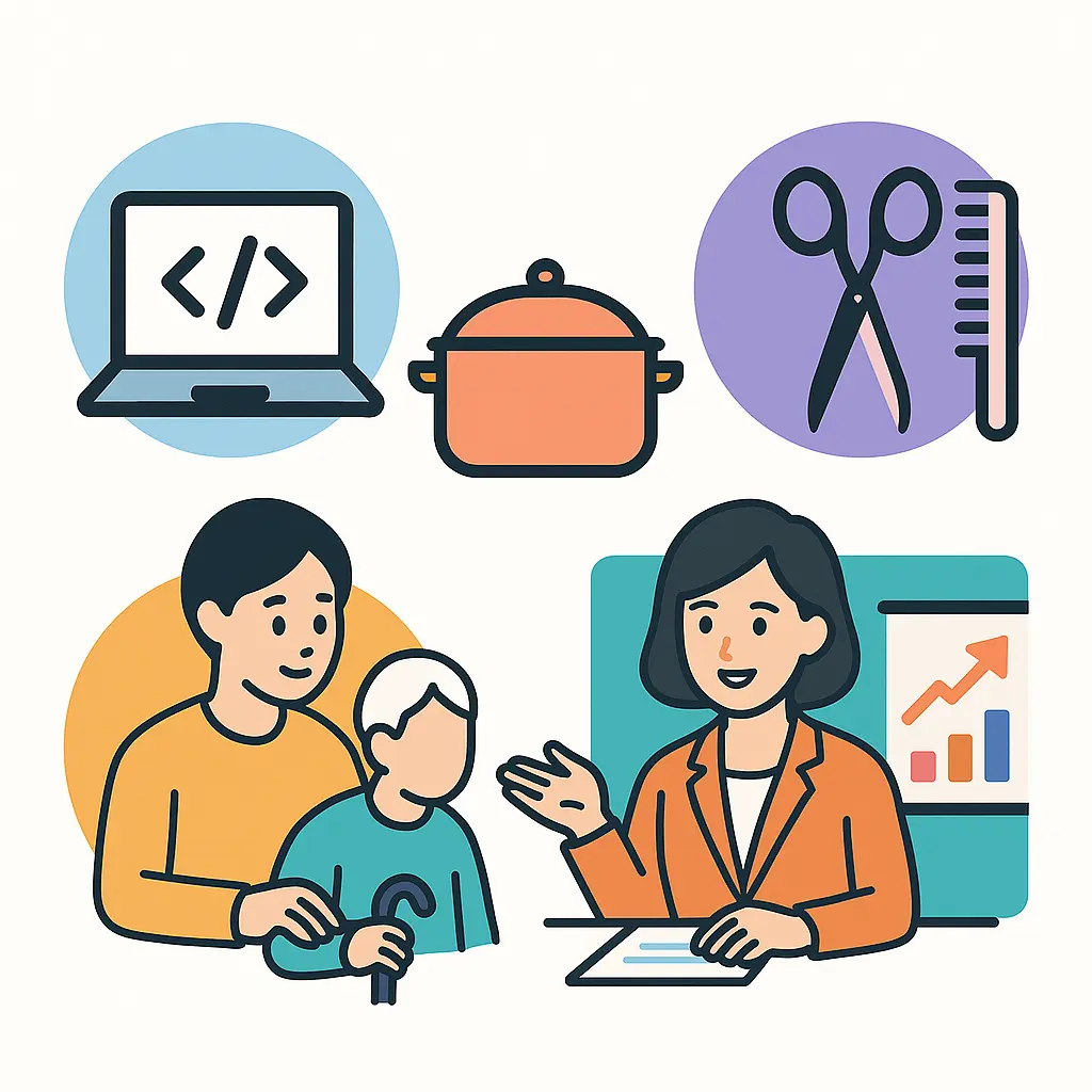 Icons of career fields supported by 국민내일배움카드 – from IT to culinary arts